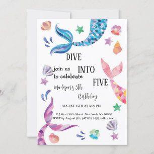 blue and pink and purple mermaid birthday invitation