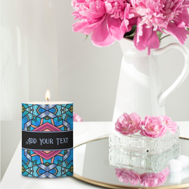 Blue and Pink Art Deco Stained Glass - Your text Pillar Candle (Creator Uploaded)