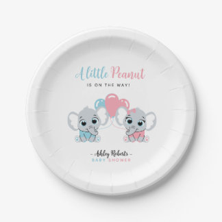 Blue and Pink Baby Elephant Balloon Gender Reveal Paper Plates