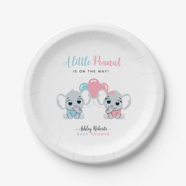 Blue and Pink Baby Elephant Balloon Gender Reveal Paper Plates (Front)