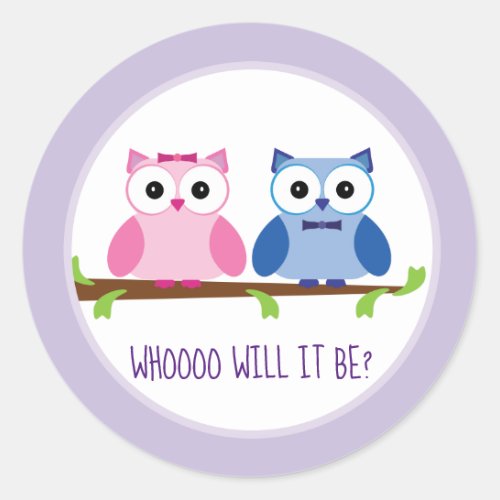 Blue and Pink Baby Owl Cartoon Gender Reveal Classic Round Sticker