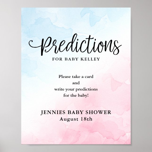 Blue and Pink Baby Shower Prediction Card Display Poster (Front)