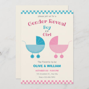 Blue and pink baby stroller gender reveal invitation
