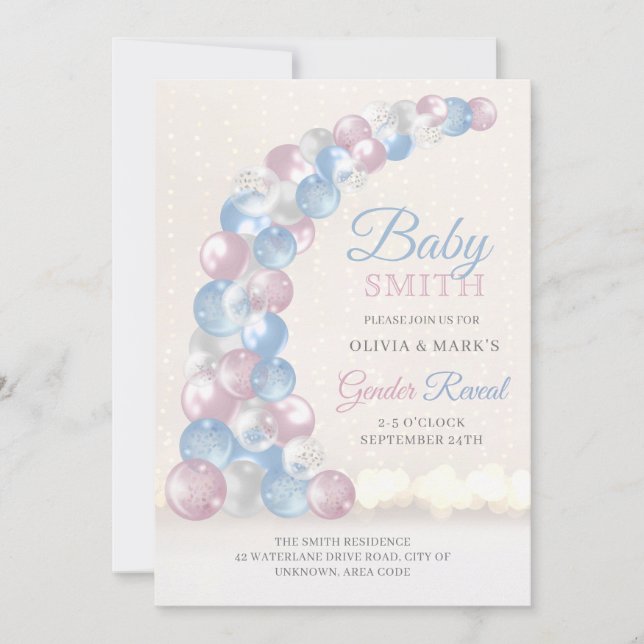 Blue and Pink Balloon Arch Baby Gender Reveal Invitation (Front)