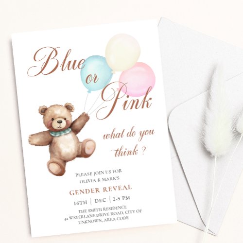 Blue and Pink Balloon Bear Baby Gender Reveal Invitation