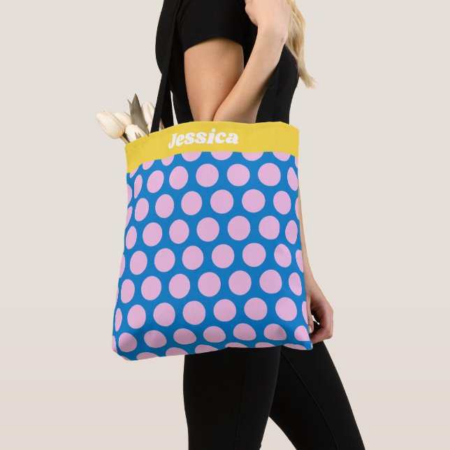 Blue and Pink Big Polka Dot Pattern Personalized Tote Bag (Close Up)