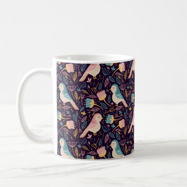 Blue and pink Birds with flowers and leaves on dar Coffee Mug (Left)