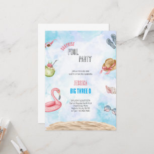 BLUE AND PINK BIRTHDAY WATERCOLOR BEACH INVITATION