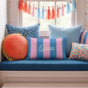 Blue and Pink Bold Stripes Monogrammed Lumbar Pillow