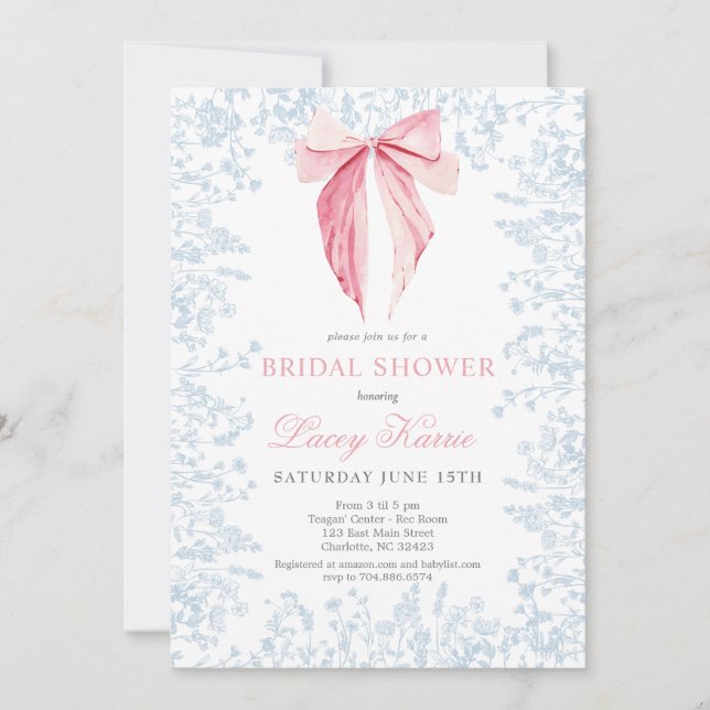 Blue and pink bow Bridal Shower invitation (Front)