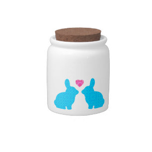 Blue and Pink Bunnies in Love Candy Jar