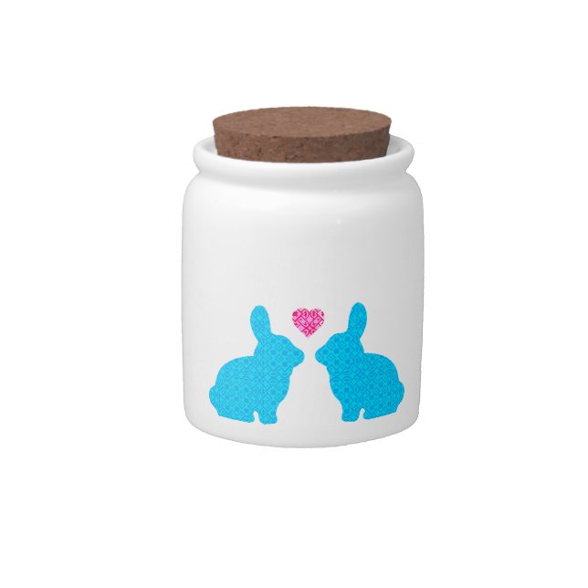 Blue and Pink Bunnies in Love Candy Jar (Front)