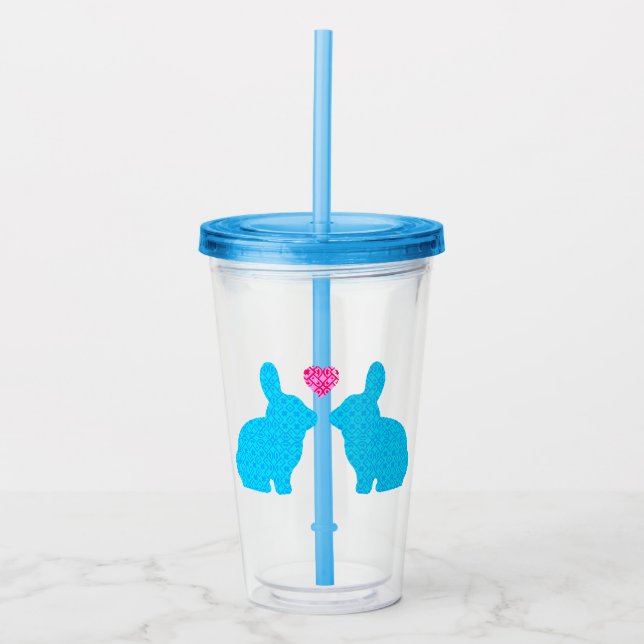 Blue and Pink Bunny in Love Illustration Acrylic Tumbler (Front)