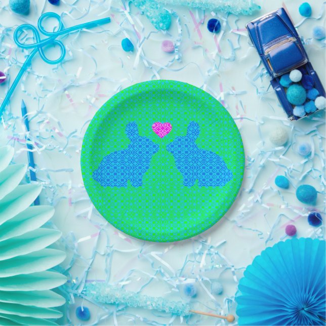 Blue and Pink Bunny Rabbit in Love Paper Plates (Party)