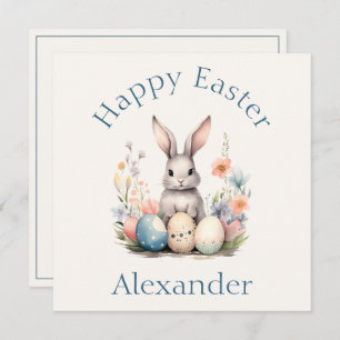 Blue and Pink Bunny Rabbit Wildflowers Easter Note Card