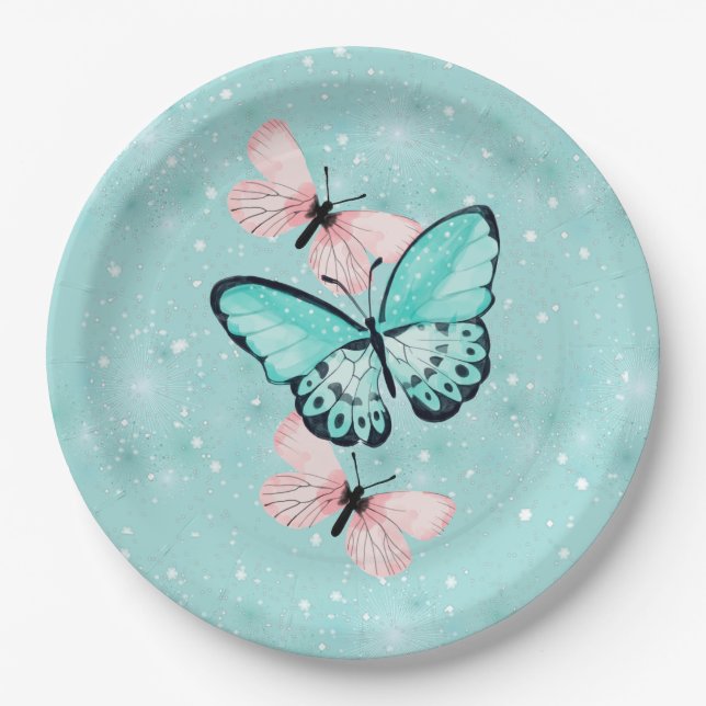 Blue and Pink Butterflies Paper Plates (Front)