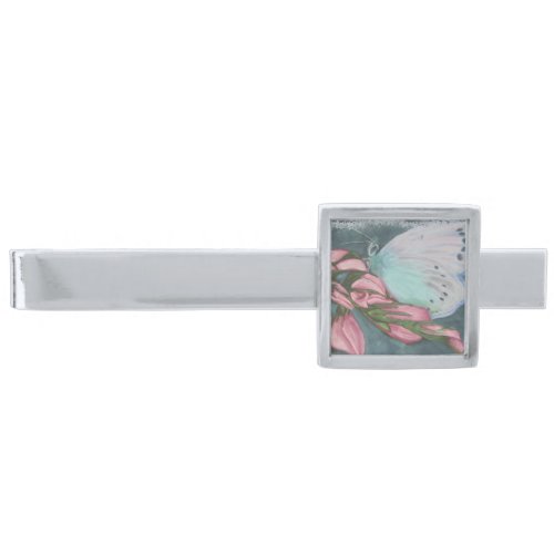 BLUE AND PINK BUTTERFLY SILVER FINISH TIE BAR