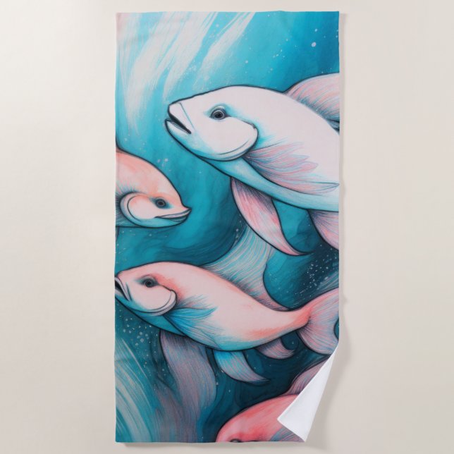 Blue and Pink Chalk Drawing of Fish Beach Towel (Front)