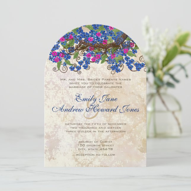 Blue and Pink Cherry Blossom Tea Stain Invitations (Standing Front)