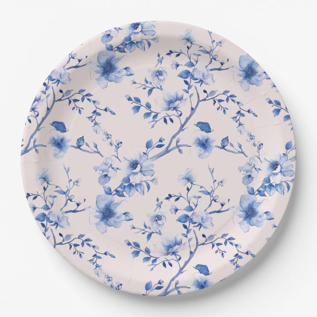 Blue and Pink Chinoiserie Flowers Paper Plates (Front)