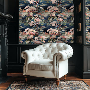 Blue and Pink Chinoiserie Style Floral Wallpaper
