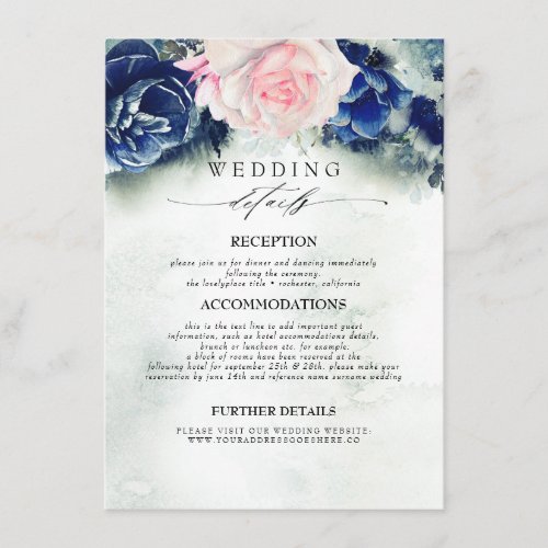 Blue and Pink Colored Flowers Wedding Information Enclosure Card