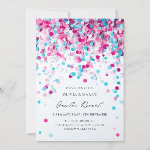 Blue and Pink Confetti Baby Gender Reveal Party Invitation