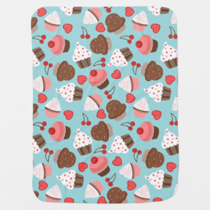 Blue And Pink Cupcakes, Hearts And Cherries Swaddle Blanket
