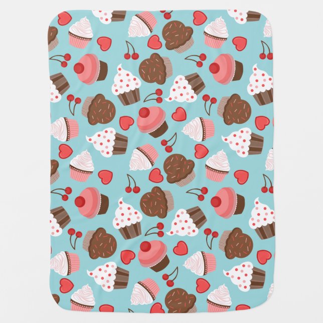 Blue And Pink Cupcakes, Hearts And Cherries Swaddle Blanket (Front)