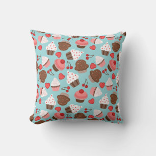 Blue And Pink Cupcakes, Hearts And Cherries Throw Pillow