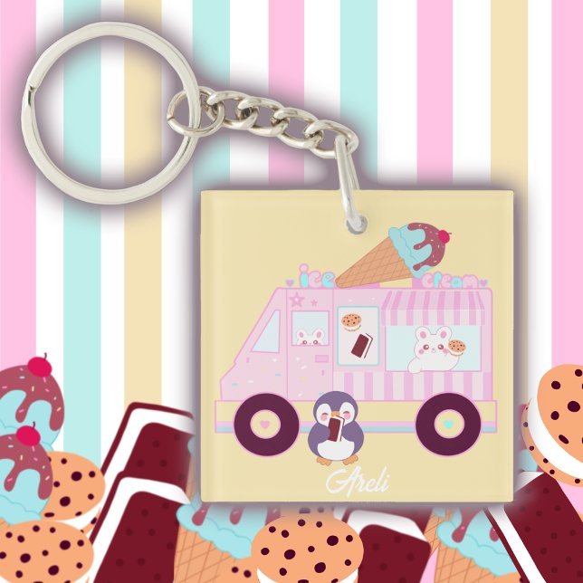 Blue  And Pink Cute Bunny Rabbit  Ice Cream Truck Keychain (Creator Uploaded)