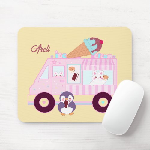 Blue And Pink Cute  Bunny Rabbit Ice Cream Truck Mouse Pad