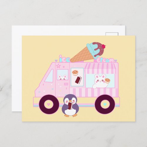 Blue And Pink Cute  Bunny Rabbit Ice Cream Truck Postcard