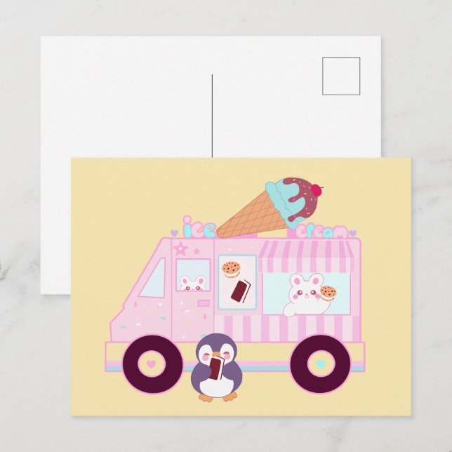 Blue And Pink Cute  Bunny Rabbit Ice Cream Truck Postcard (Front/Back)