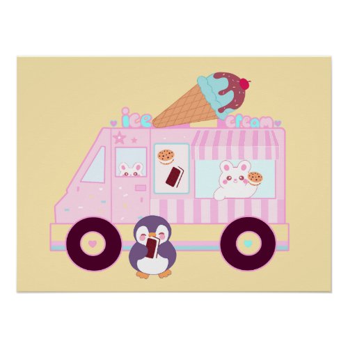Blue And Pink Cute  Bunny Rabbit Ice Cream Truck Poster