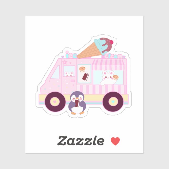 Blue And Pink Cute  Bunny Rabbit Ice Cream Truck Sticker (Sheet)