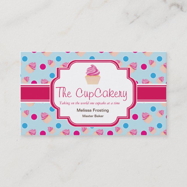 Blue and Pink Cute Cupcake Bakery Business Cards (Front)