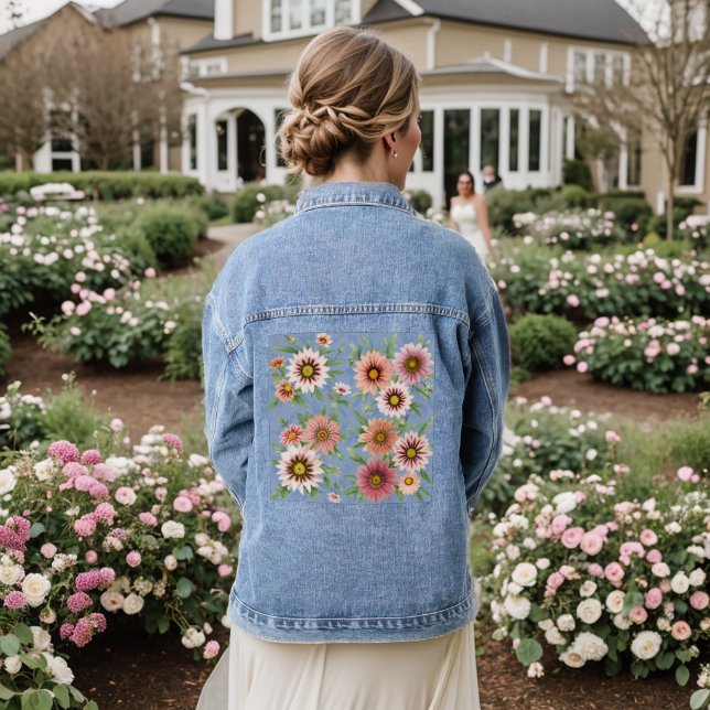 Blue and Pink Daisy Floral Botanical Art Denim Jacket (Wedding Back)