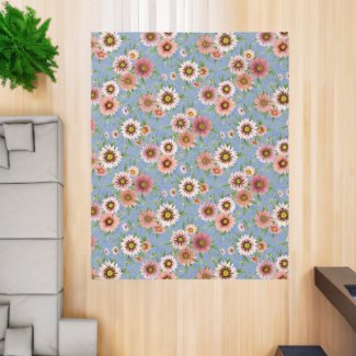 Blue and Pink Daisy Floral Botanical Art