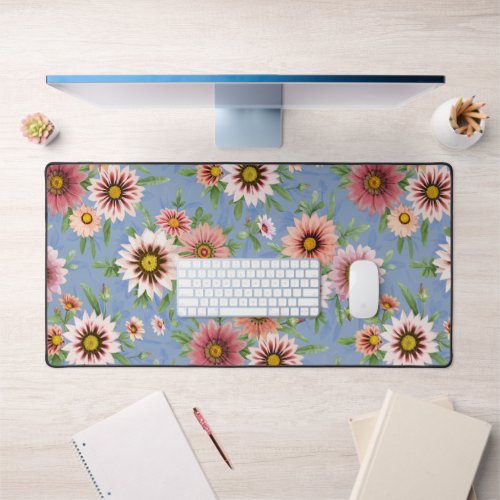Blue and Pink Daisy Floral Botanical Print Desk Mat