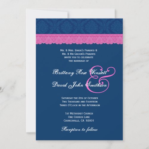 Blue and Pink Damask Lace Wedding V04 Invites