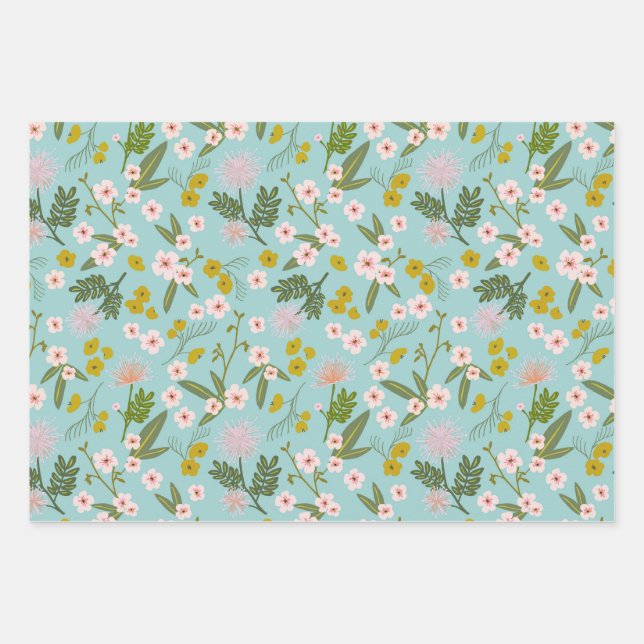 Blue and Pink Desert Floral Wrapping Paper Sheets (Front)