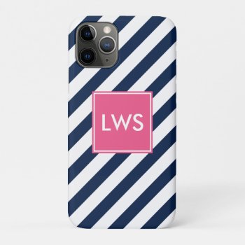 Blue And Pink Diagonal Stripes Monogram Iphone 11 Pro Case by heartlockedcases at Zazzle