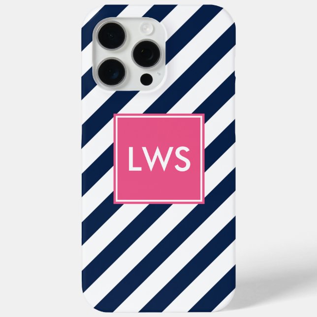 Blue and Pink Diagonal Stripes Monogram Case-Mate iPhone Case (Back)