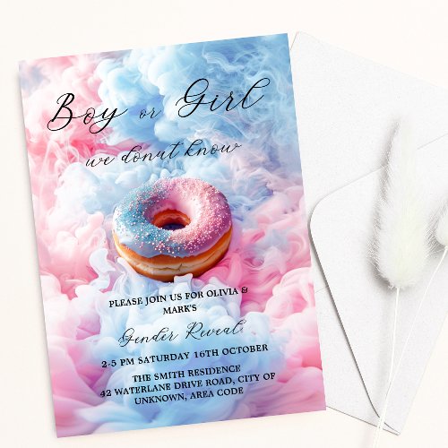Blue and Pink Donut Donut Smoke Gender Reveal Invitation