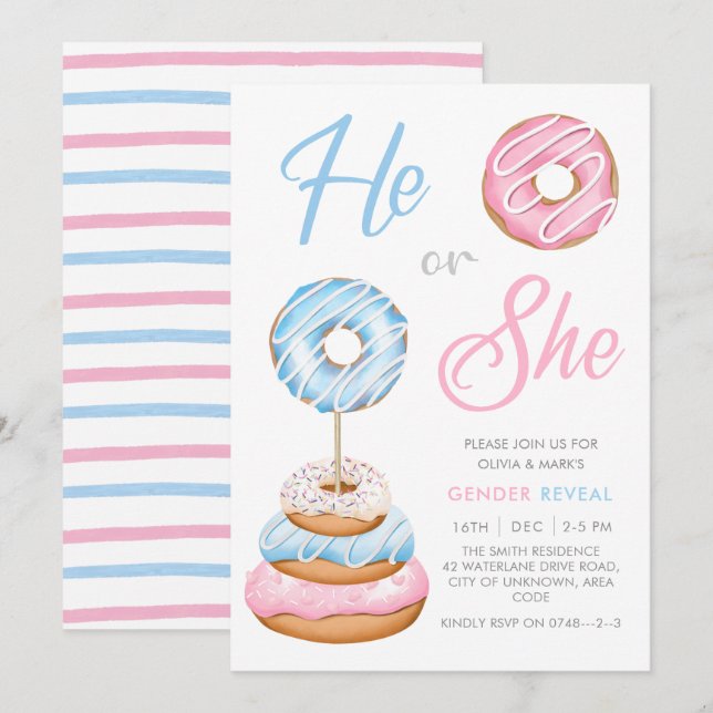 Blue and Pink Donut Doughnuts Baby Gender Reveal Invitation (Front/Back)