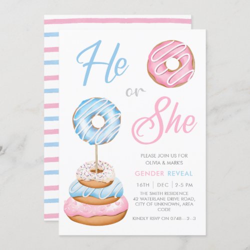 Blue and Pink Donut Doughnuts Baby Gender Reveal Invitation
