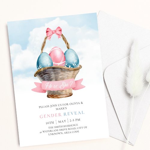 Blue and Pink Easter Eggs Spring Gender Reveal Invitation