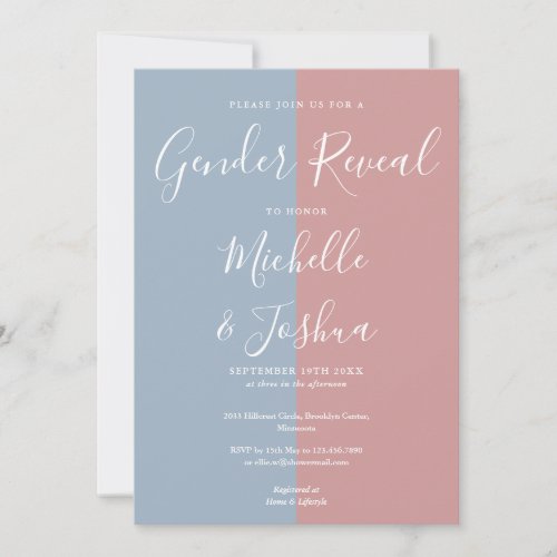 Blue And Pink Elegant Script Gender Reveal Party Invitation