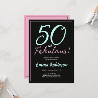 Blue and Pink "Fifty and Fabulous" 50th Birthday Invitation